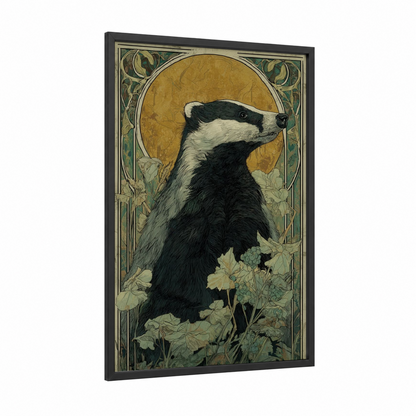 Golden Badger framed art print — black wood frame — gold and black and white palette