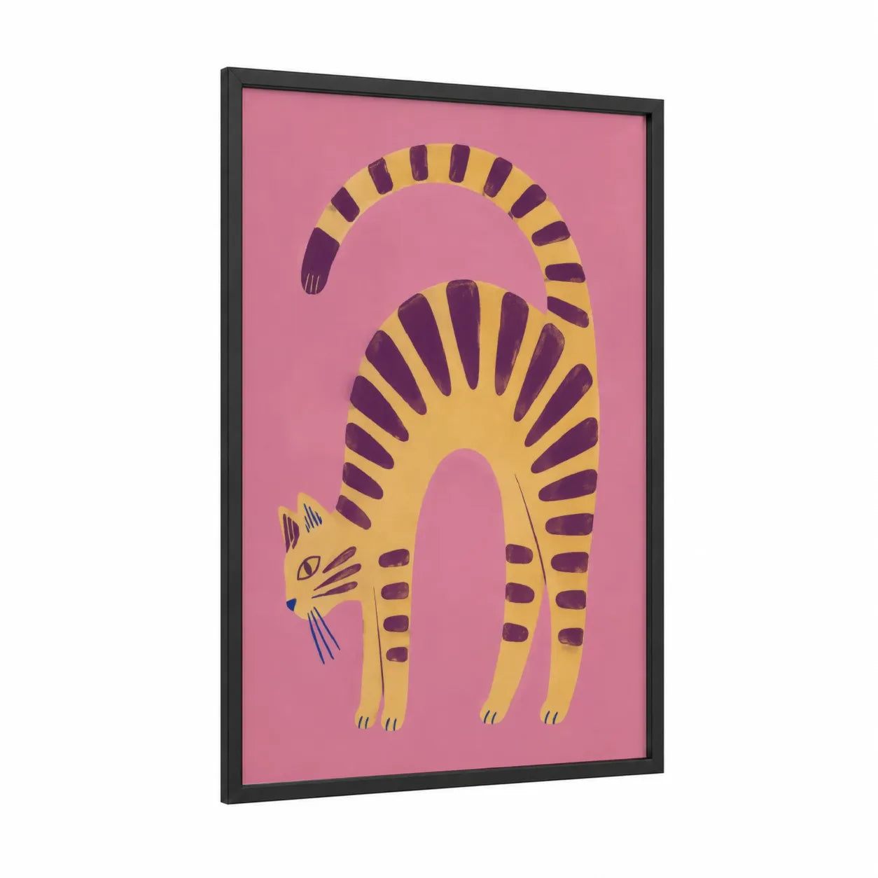 Playful Striped Cat Wall Art framed art print — black wood frame — pink and yellow palette