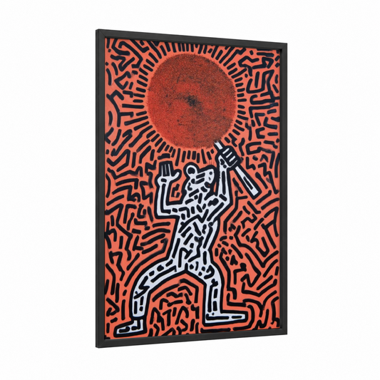 Cosmic Gerbil framed art print — black wood frame — red and black and white palette