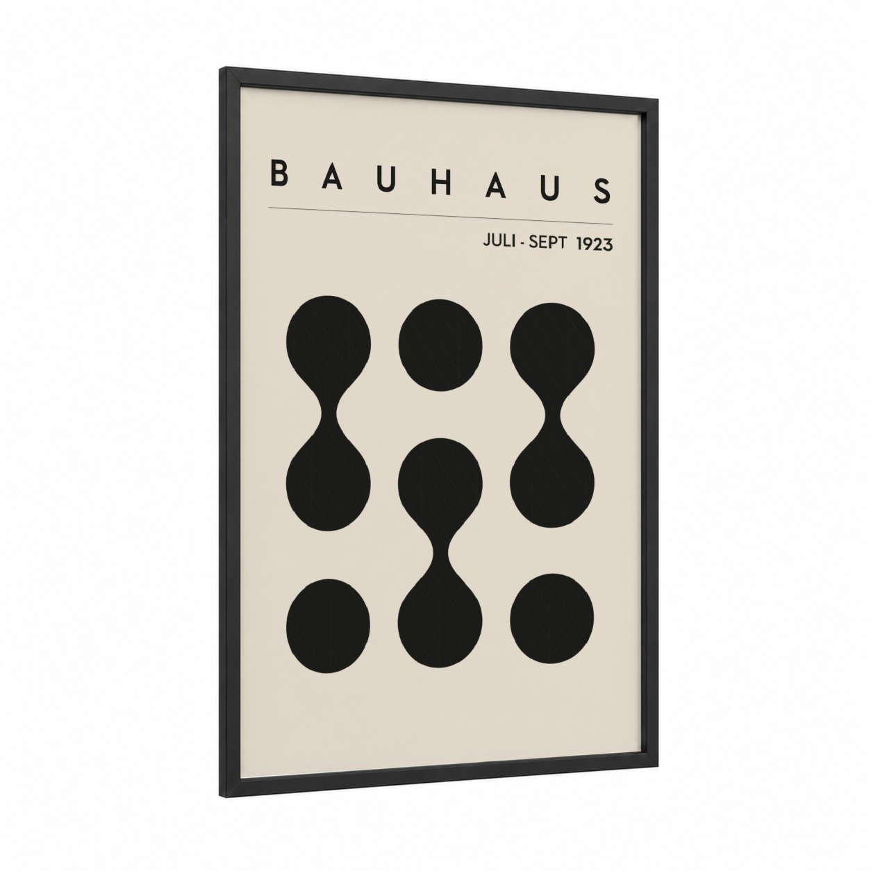 Bauhaus Circles framed abstract geometric print — black wood frame — black and cream palette
