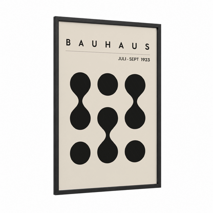 Bauhaus Circles framed abstract geometric print — black wood frame — black and cream palette