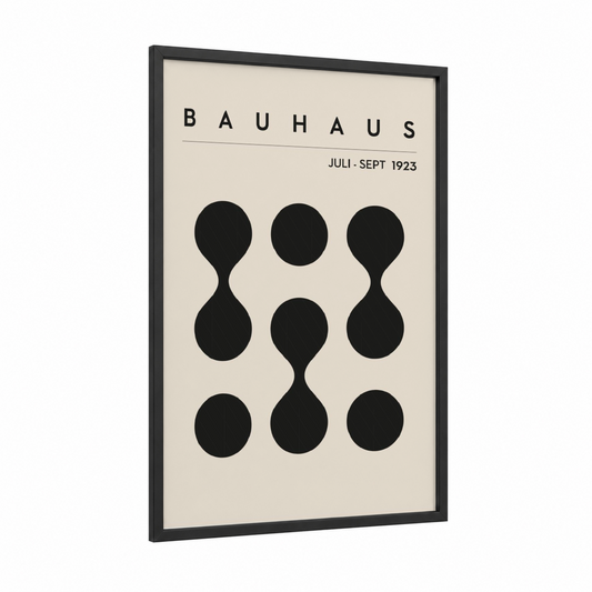 Bauhaus Circles framed abstract geometric print — black wood frame — black and cream palette