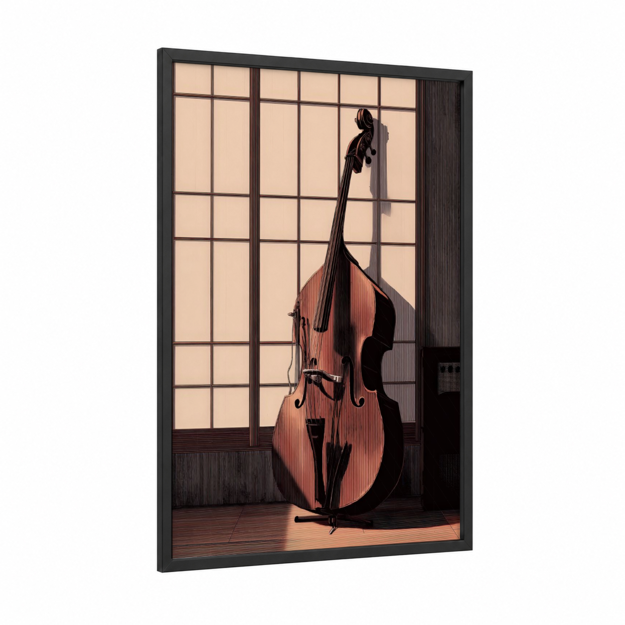 Amber Studio Bass framed bass guitar print — black wood frame — peach and brown palette