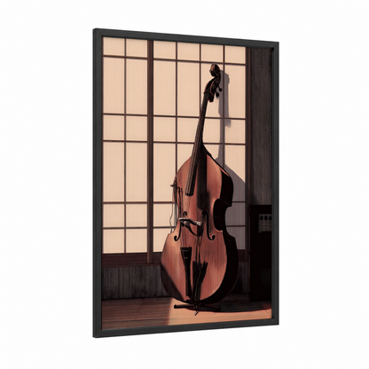 Amber Studio Bass framed bass guitar print — black wood frame — peach and brown palette