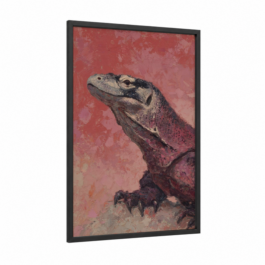 Crimson Lizard Portrait framed art print — black wood frame — red and beige palette