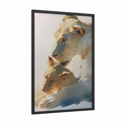 Snowy Lion Pair framed art print — black wood frame — cream and gold palette