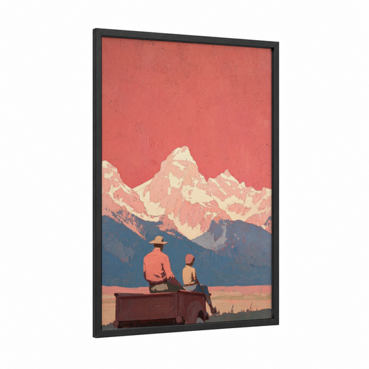 Mountain Adventure Dad framed father's day print — black wood frame — salmon pink and blue palette