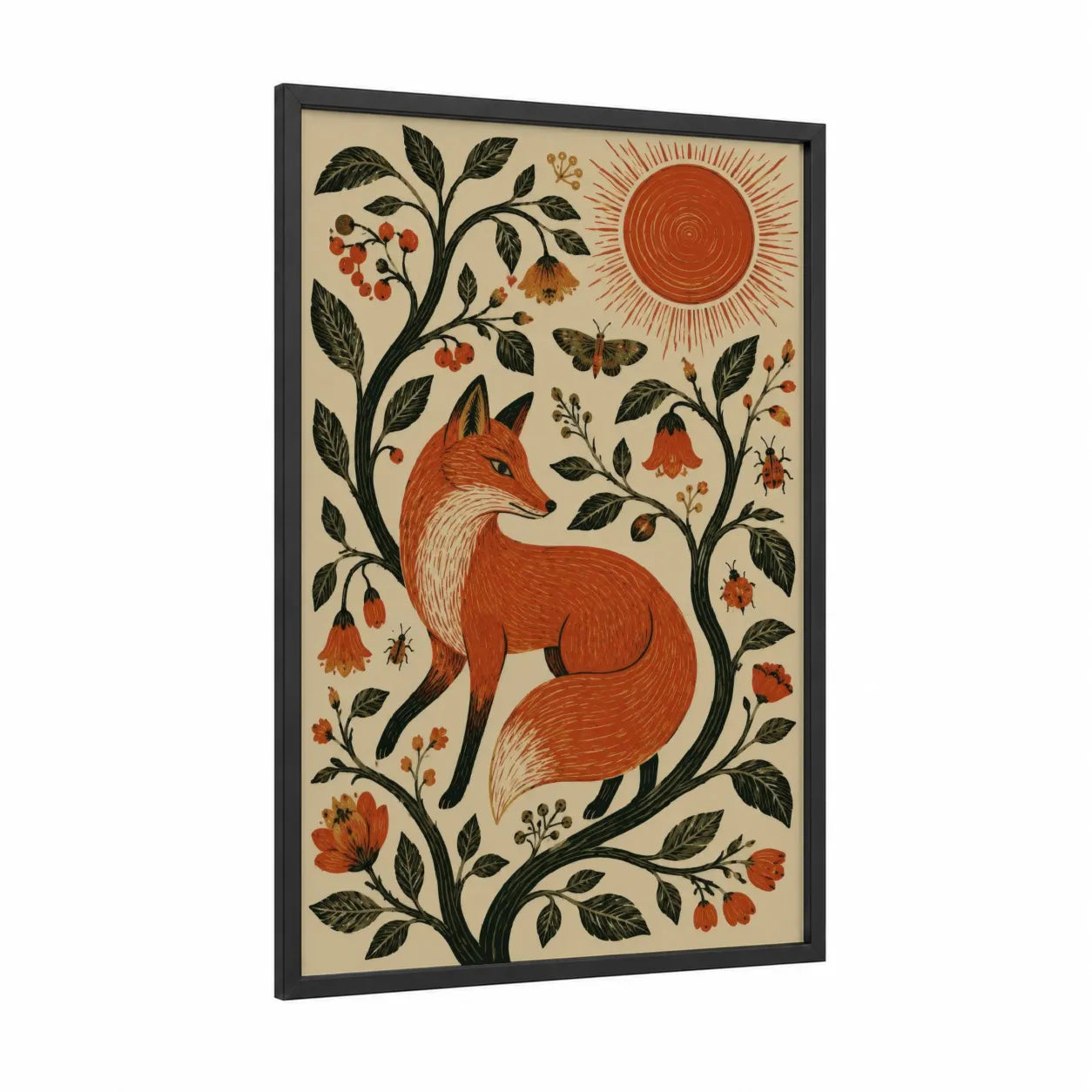 Folk Art Fox and Sun Wall Art framed art print — black wood frame — orange and beige palette