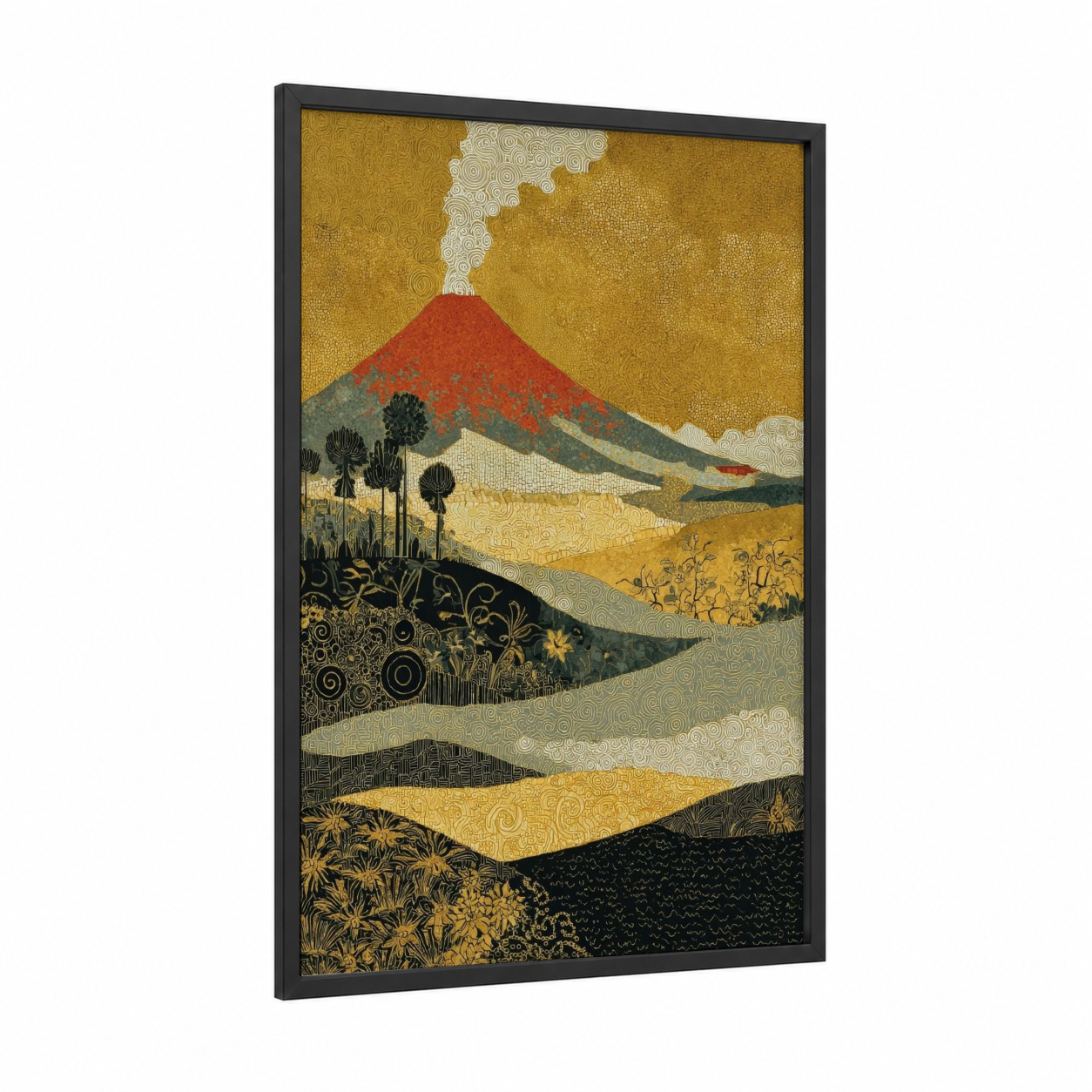 Golden Volcano framed art print — black wood frame — yellow gold and black palette