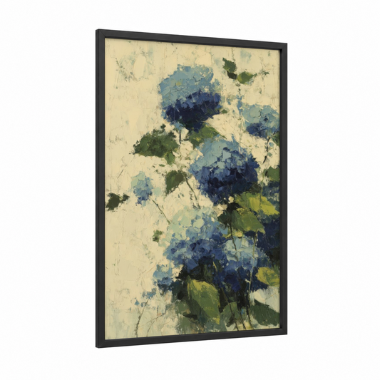 Blue Hydrangea Study framed art print — black wood frame — blue and cream palette