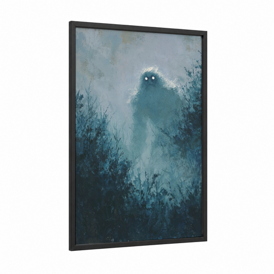Snowy Yeti framed art print — black wood frame — blue and white and teal palette