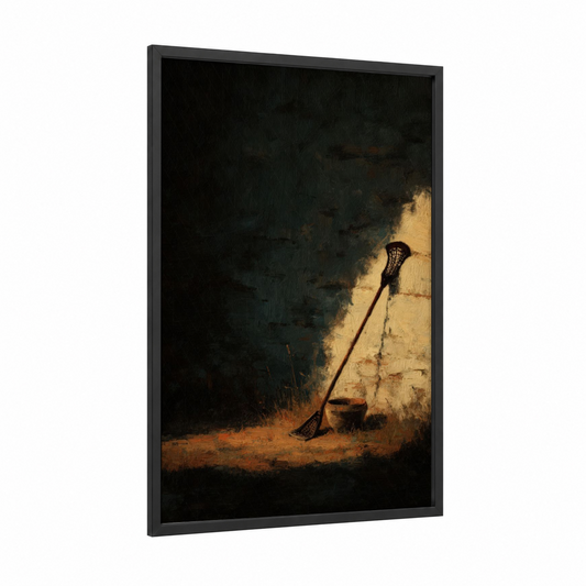 Golden Hour Lacrosse framed art print — black wood frame — gold and black palette
