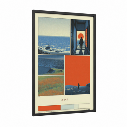 Solitary Sunset framed japanese y2k print — black wood frame — blue and red palette