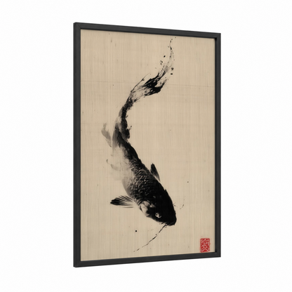 Ascending Dragon Fish framed art print — black wood frame — black and white and cream palette