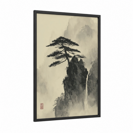Misty Cedar Peak framed cedar tree print — black wood frame — black and white and cream palette