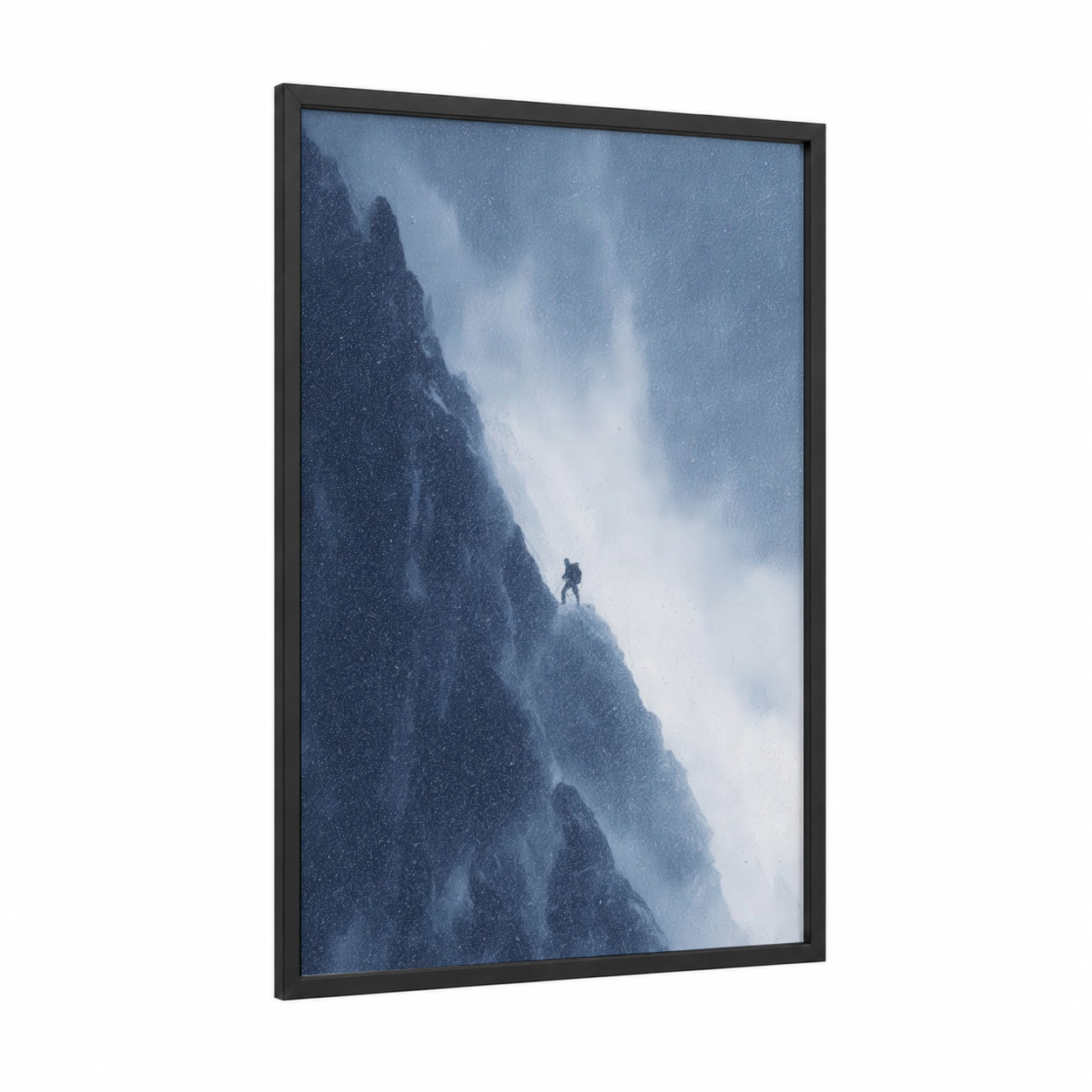 Solitary Summit framed ice climbing print — black wood frame — blue and white and gray palette