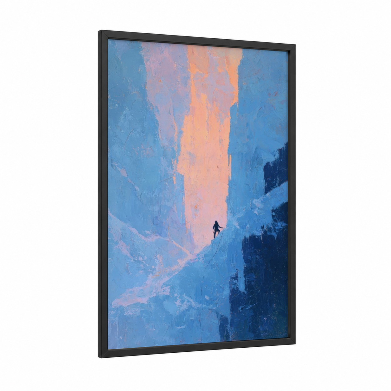 Alpine Ascent framed ice climbing print — black wood frame — blue and peach palette