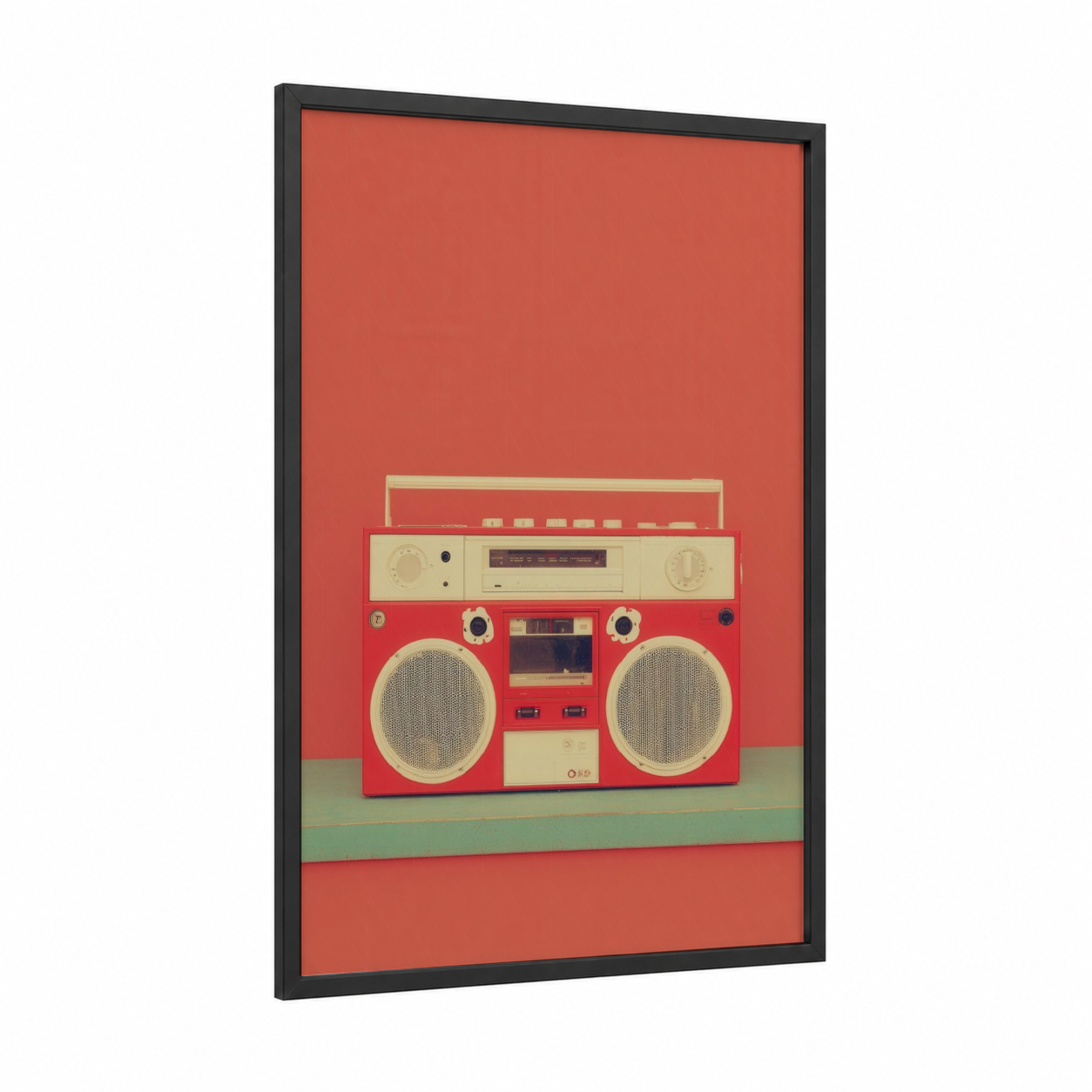 Retro Red Boombox framed art print — black wood frame — red and cream palette