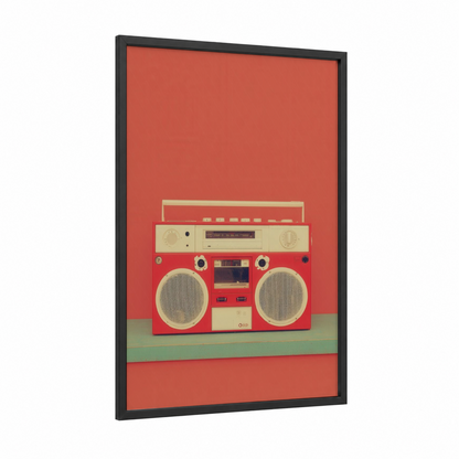 Retro Red Boombox framed art print — black wood frame — red and cream palette