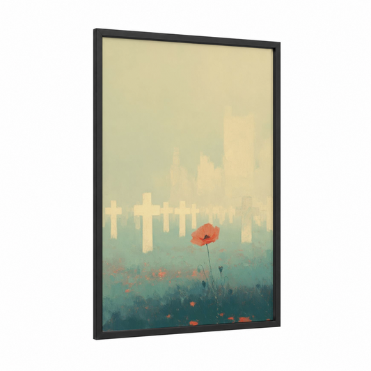 Remembrance Poppy framed veterans day print — black wood frame — cream and teal palette