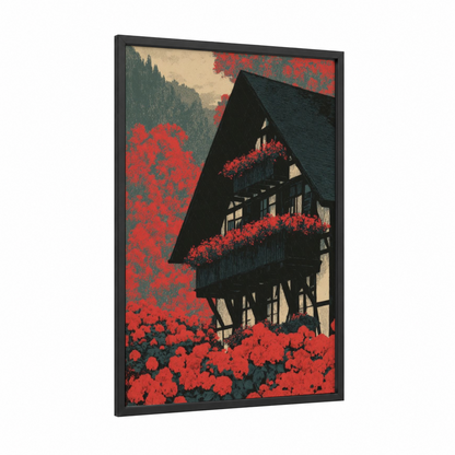 Crimson Cottage Garden framed art print — black wood frame — red and black and white palette