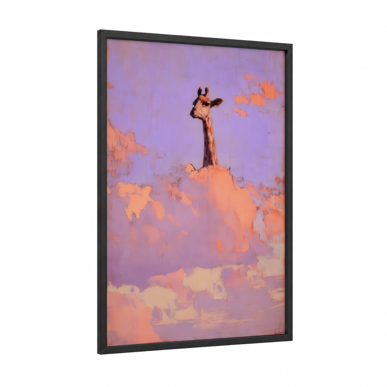 Giraffe Cloud Sky framed art print — black wood frame — lavender and peach palette