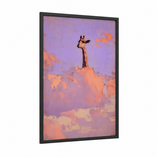 Giraffe Cloud Sky framed art print — black wood frame — lavender and peach palette