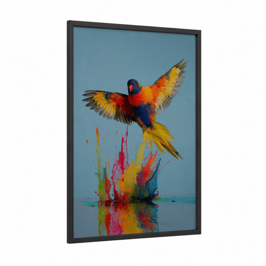 Colorful Lorikeet framed rainbow lorikeet print — black wood frame — blue and gold palette