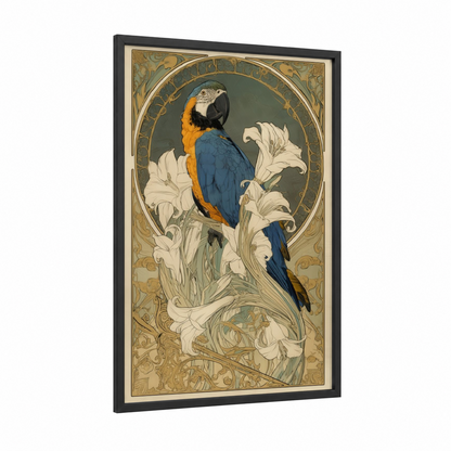 Blue Macaw Elegance framed safari parrots print — black wood frame — royal blue and gold palette