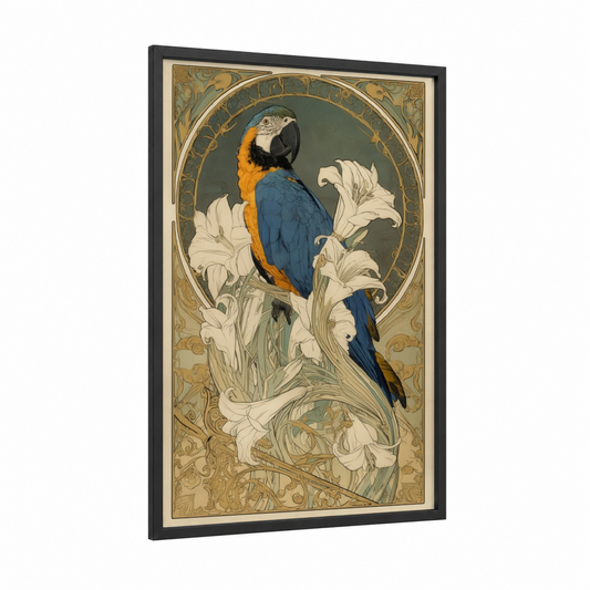 Blue Macaw Elegance framed safari parrots print — black wood frame — royal blue and gold palette