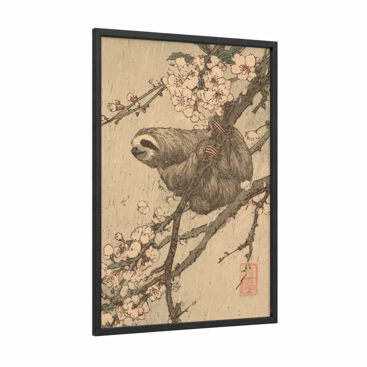 Blossoming Sloth framed art print — black wood frame — cream and black and white palette