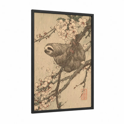 Blossoming Sloth framed art print — black wood frame — cream and black and white palette