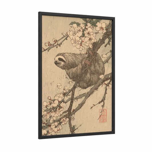 Blossoming Sloth framed art print — black wood frame — cream and black and white palette