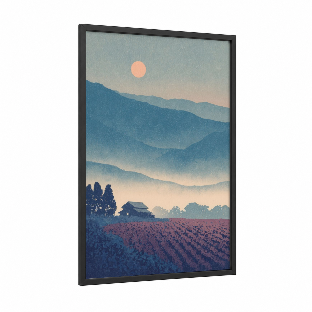 Misty Vineyard Sunrise framed vineyards print — black wood frame — blue and peach palette