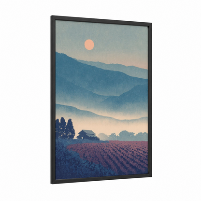 Misty Vineyard Sunrise framed vineyards print — black wood frame — blue and peach palette