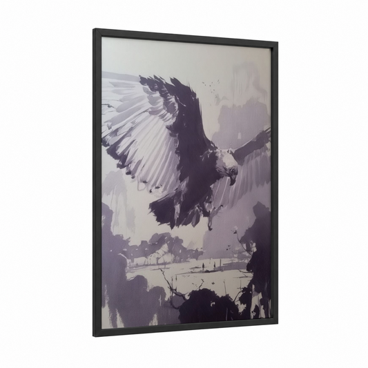 Soaring Eagle Majesty framed art print — black wood frame — black and white and gray palette