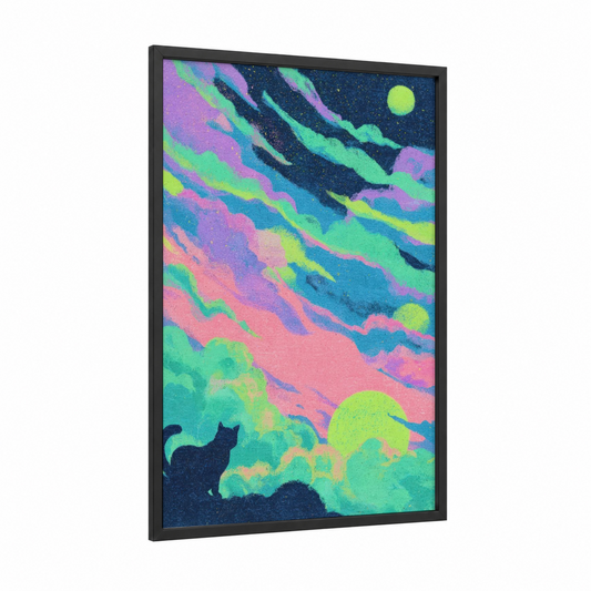 Cosmic Feline Nebula framed art print — black wood frame — magenta and lime green palette