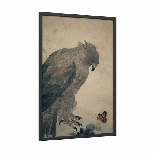 Watchful Griffin framed art print — black wood frame — beige and black palette