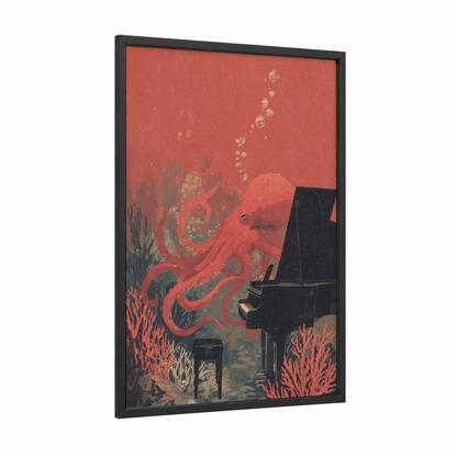 Crimson Octopus Pianist framed art print — black wood frame — red and gold palette