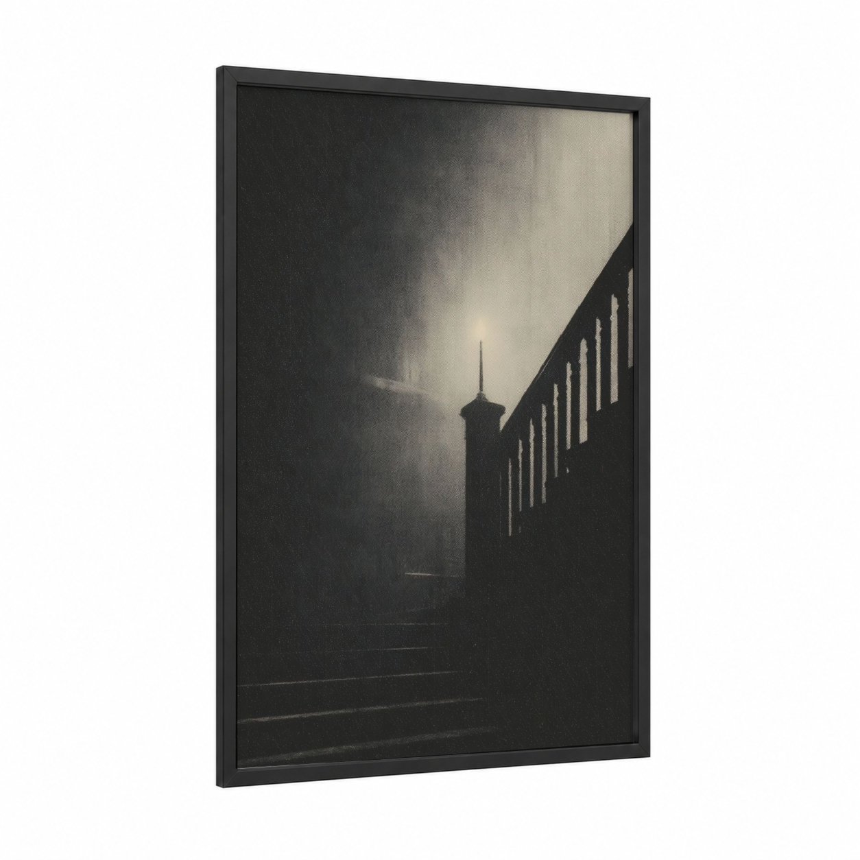 Misty Staircase framed art print — black wood frame — black and white and gray palette