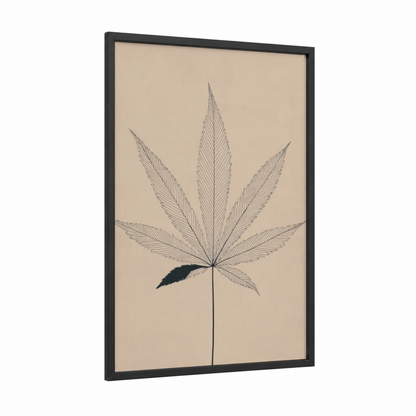 Botanical Cannabis framed marijuana print — black wood frame — beige and black palette
