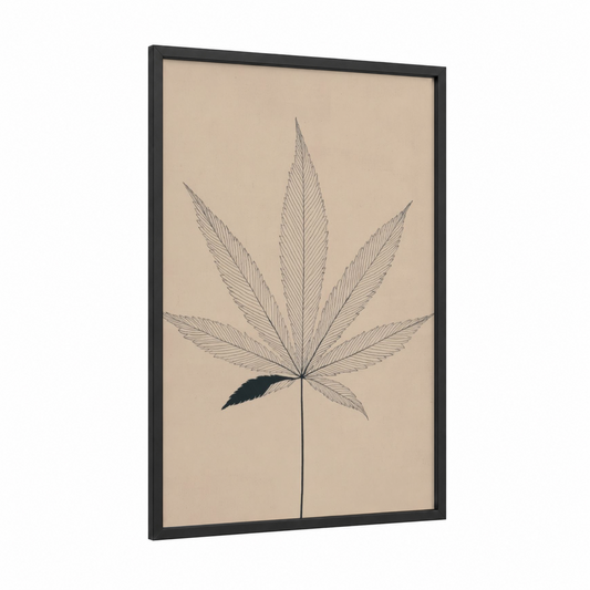 Botanical Cannabis framed marijuana print — black wood frame — beige and black palette