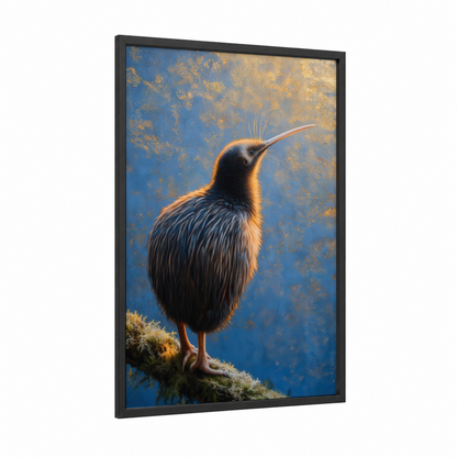 Golden Hour Kiwi framed art print — black wood frame — blue and gold and gold palette