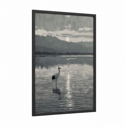Solitary Crane Dusk framed art print — black wood frame — gray and white and black and white palette