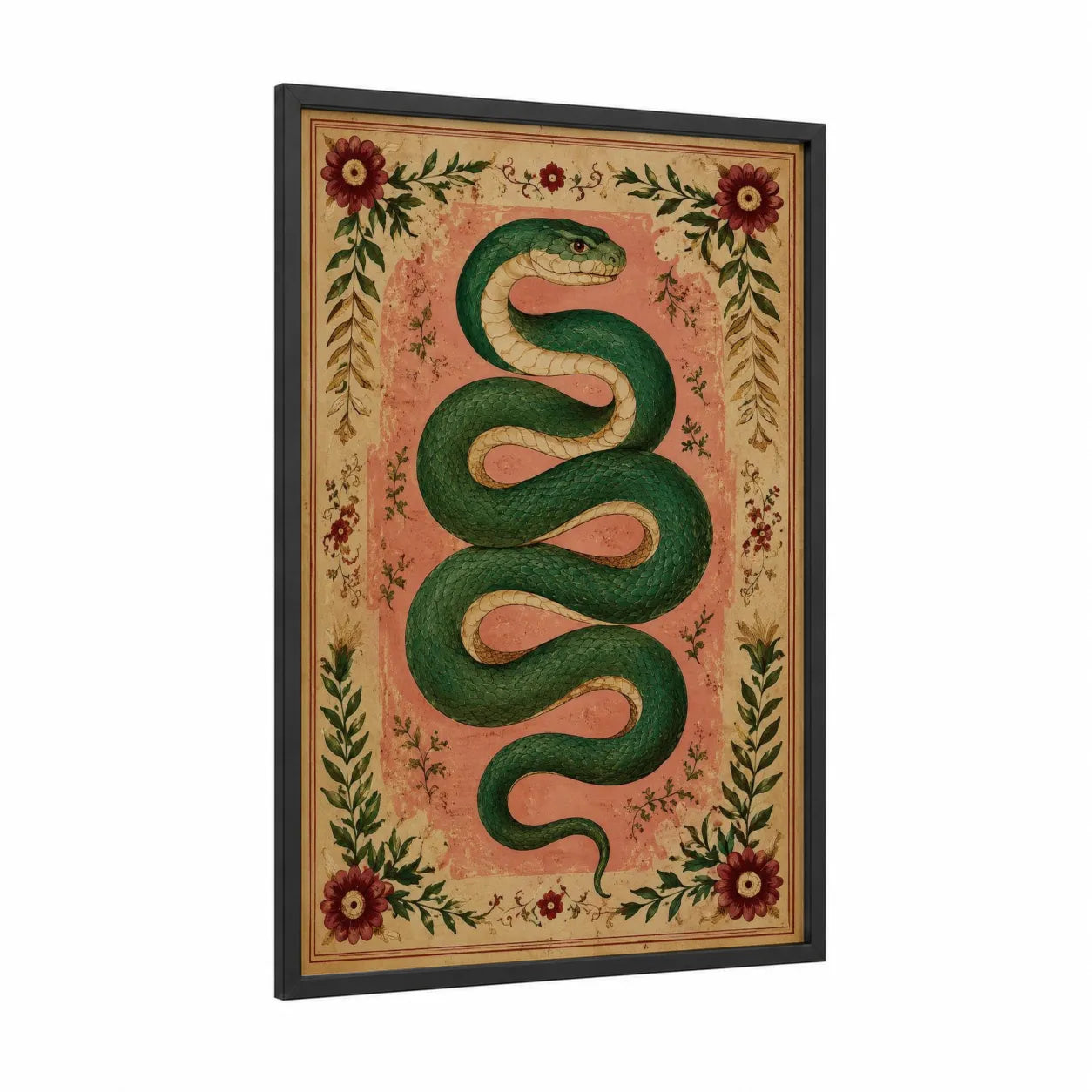 Vintage Botanical Snake Wall Art framed art print — black wood frame — true green and peach palette
