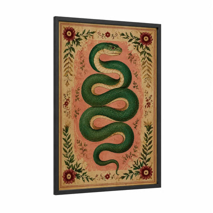 Vintage Botanical Snake Wall Art framed art print — black wood frame — true green and peach palette
