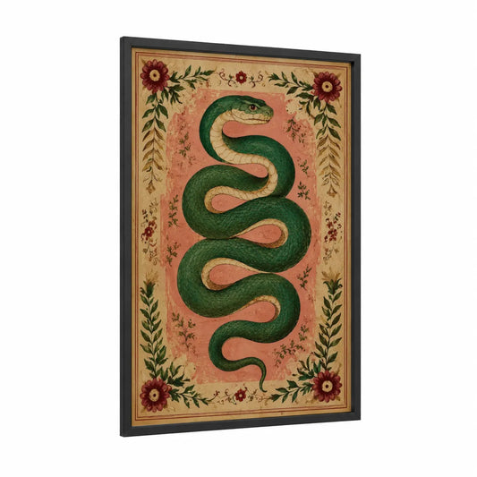 Vintage Botanical Snake Wall Art framed art print — black wood frame — true green and peach palette