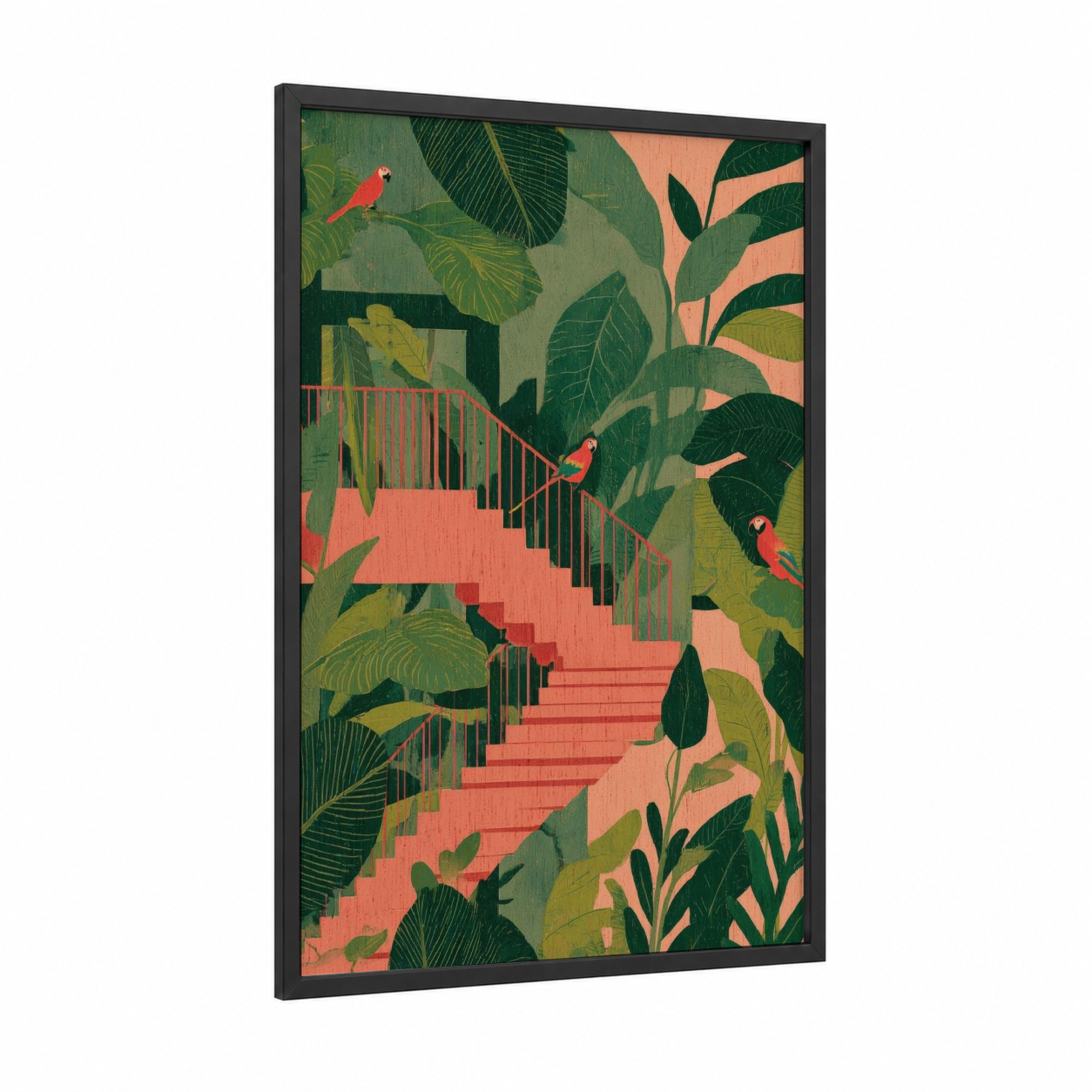 Tropical Staircase framed art print — black wood frame — green and salmon pink palette