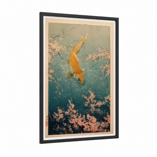 Golden Koi Dream framed dragon fish print — black wood frame — teal and gold palette