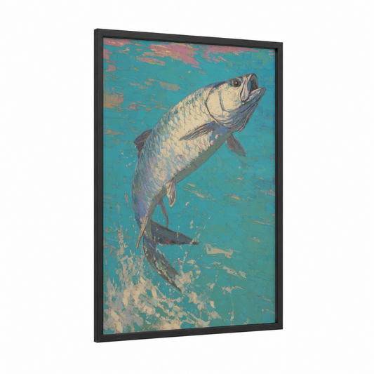 Leaping Tarpon framed art print — black wood frame — teal and peach palette